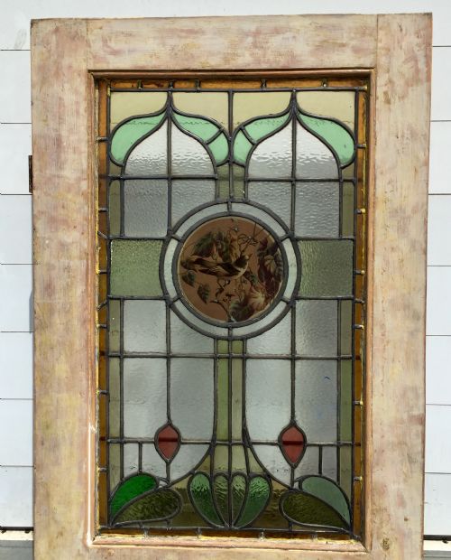VICTORIAN PINE HALF GLAZED DOOR WITH HAND PAINTED STAINED GLASS PANEL DEPICTING A BIRD - ADDITIONAL PHOTO 1