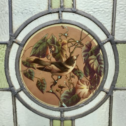 VICTORIAN PINE HALF GLAZED DOOR WITH HAND PAINTED STAINED GLASS PANEL DEPICTING A BIRD - ADDITIONAL PHOTO 2