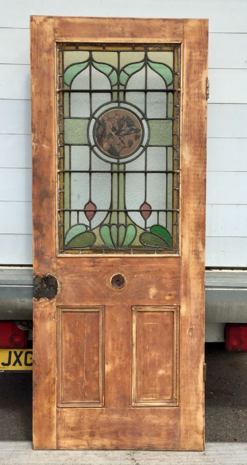 VICTORIAN PINE HALF GLAZED DOOR WITH HAND PAINTED STAINED GLASS PANEL DEPICTING A BIRD - ADDITIONAL PHOTO 9