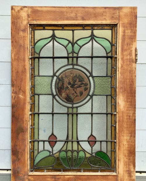 VICTORIAN PINE HALF GLAZED DOOR WITH HAND PAINTED STAINED GLASS PANEL DEPICTING A BIRD - ADDITIONAL PHOTO 10