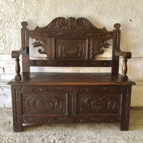 circa 1900 carved oak hall bench with lift up seat - CATEGORY: ANTIQUE CHAIRS - DATED 1900