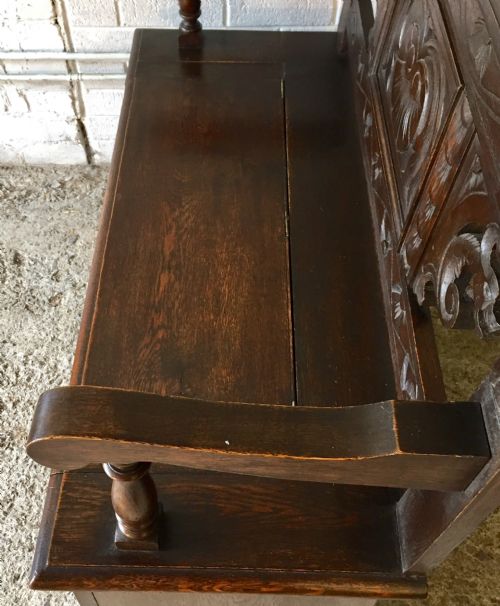 CIRCA 1900 CARVED OAK HALL BENCH WITH LIFT UP SEAT - ADDITIONAL PHOTO 6