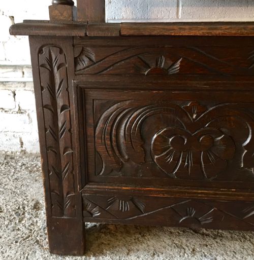 CIRCA 1900 CARVED OAK HALL BENCH WITH LIFT UP SEAT - ADDITIONAL PHOTO 9