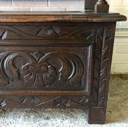 CIRCA 1900 CARVED OAK HALL BENCH WITH LIFT UP SEAT - ADDITIONAL PHOTO 10