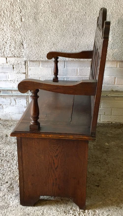 CIRCA 1900 CARVED OAK HALL BENCH WITH LIFT UP SEAT - ADDITIONAL PHOTO 11