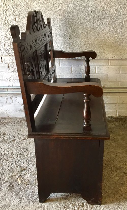 CIRCA 1900 CARVED OAK HALL BENCH WITH LIFT UP SEAT - ADDITIONAL PHOTO 12
