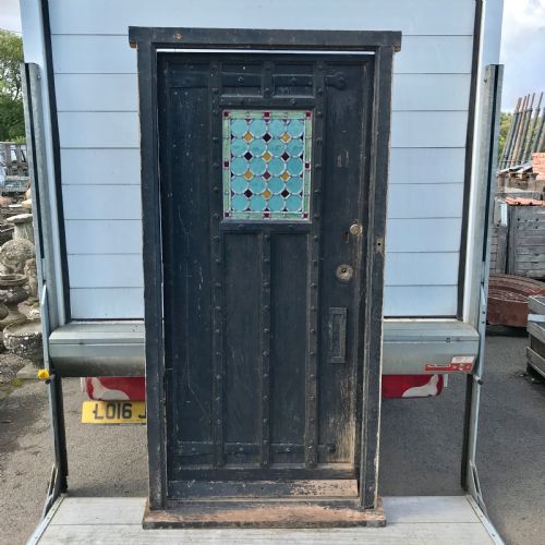 circa 1900 oak door complete with original frame and with iron hinges and lead light panel - CATEGORY: ANTIQUE MISCELLANEOUS - DATED 1900