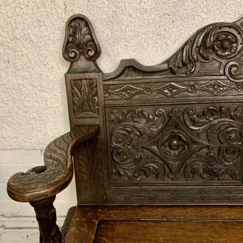 VICTORIAN CARVED OAK HALL BENCH WITH LIFT UP SEAT - ADDITIONAL PHOTO 1