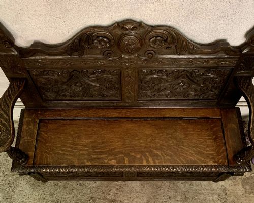 VICTORIAN CARVED OAK HALL BENCH WITH LIFT UP SEAT - ADDITIONAL PHOTO 5