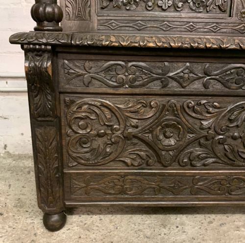 VICTORIAN CARVED OAK HALL BENCH WITH LIFT UP SEAT - ADDITIONAL PHOTO 8