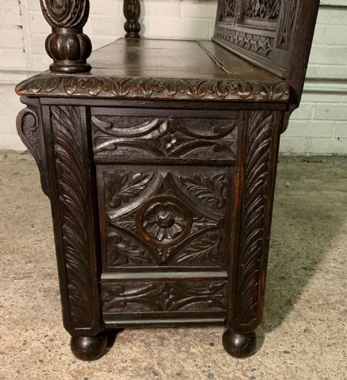 VICTORIAN CARVED OAK HALL BENCH WITH LIFT UP SEAT - ADDITIONAL PHOTO 11