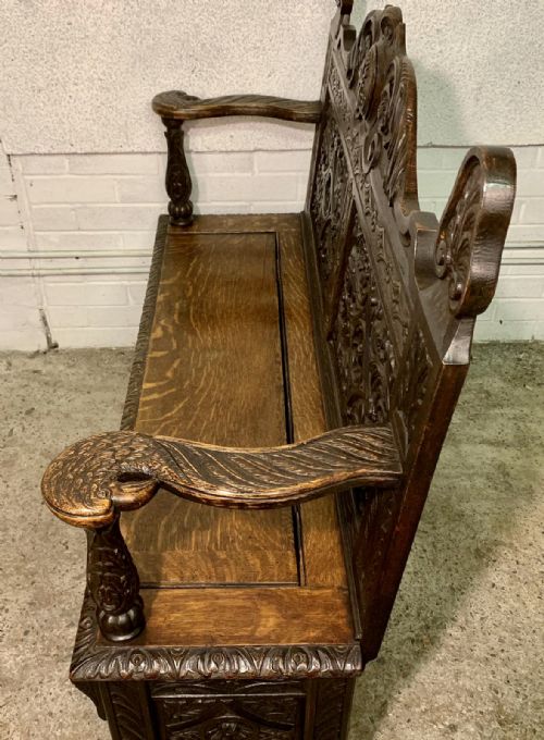 VICTORIAN CARVED OAK HALL BENCH WITH LIFT UP SEAT - ADDITIONAL PHOTO 12