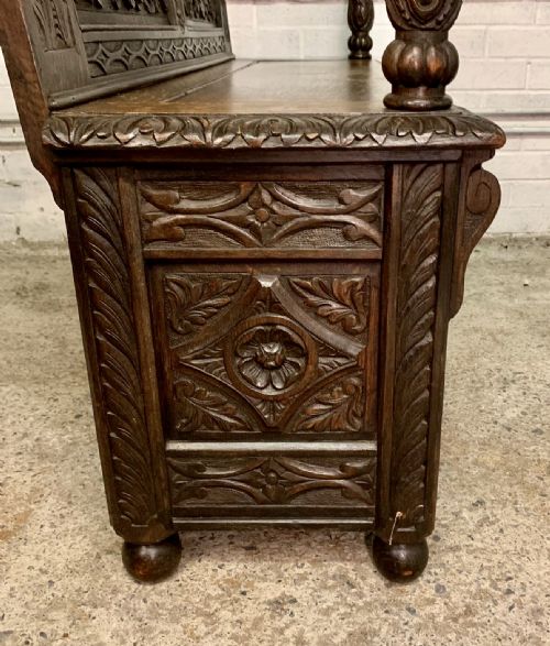 VICTORIAN CARVED OAK HALL BENCH WITH LIFT UP SEAT - ADDITIONAL PHOTO 14