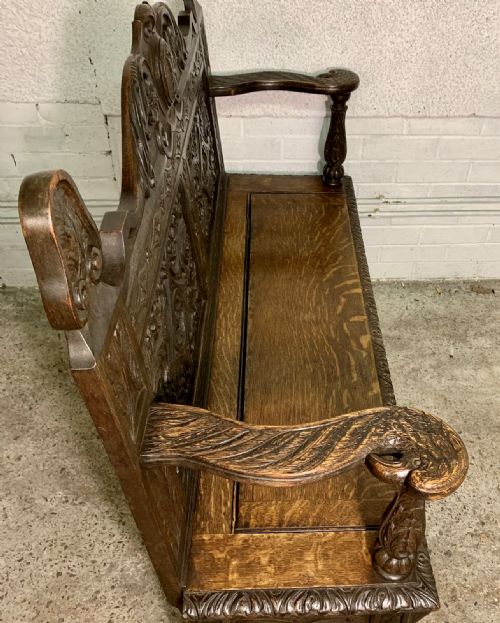 VICTORIAN CARVED OAK HALL BENCH WITH LIFT UP SEAT - ADDITIONAL PHOTO 15