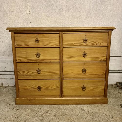 victorian pitch pine bank of 8 drawers with original gothic handles - CATEGORY: ANTIQUE CHEST OF DRAWERS - DATED VICTORIAN