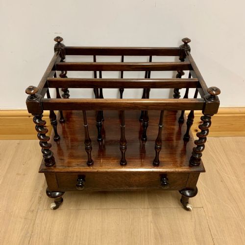 early victorian rosewood canterbury with ebonised knobs and standing on brass castors - CATEGORY: ANTIQUE FURNITURE - DATED 1850
