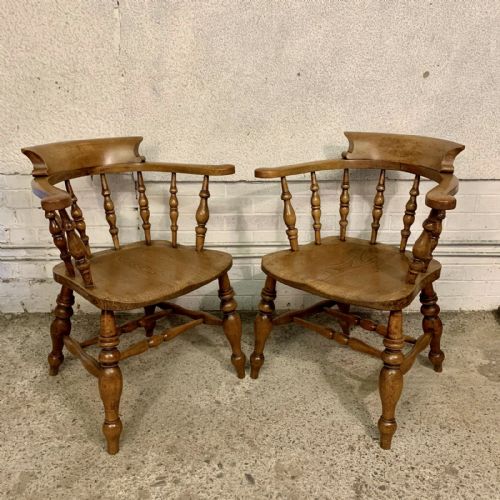 pair of 19th century smoker's bow captain's chairs with beech frame and elm seat - CATEGORY: ANTIQUE CHAIRS - DATED 19TH CENTURY