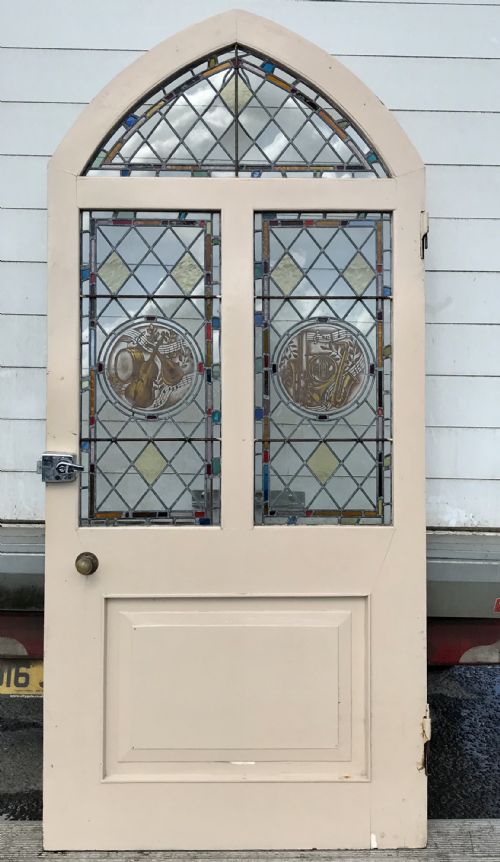 VICTORIAN ARCH TOP EXTERNAL PINE DOOR WITH STAINED GLASS PANELS DEPICTING MUSICAL INSTRUMENTS AND ORIGINAL FRAME - ADDITIONAL PHOTO 9