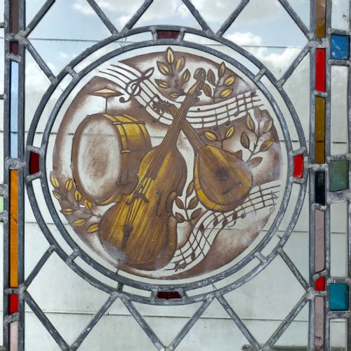 VICTORIAN ARCH TOP EXTERNAL PINE DOOR WITH STAINED GLASS PANELS DEPICTING MUSICAL INSTRUMENTS AND ORIGINAL FRAME - ADDITIONAL PHOTO 12