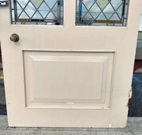 VICTORIAN ARCH TOP EXTERNAL PINE DOOR WITH STAINED GLASS PANELS DEPICTING MUSICAL INSTRUMENTS AND ORIGINAL FRAME - ADDITIONAL PHOTO 15