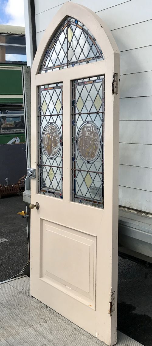 VICTORIAN ARCH TOP EXTERNAL PINE DOOR WITH STAINED GLASS PANELS DEPICTING MUSICAL INSTRUMENTS AND ORIGINAL FRAME - ADDITIONAL PHOTO 17