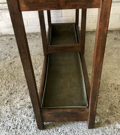 EDWARDIAN OAK DOUBLE STICK STAND WITH CENTRAL BRASS RAIL AND TURNED FINIALS - ADDITIONAL PHOTO 12