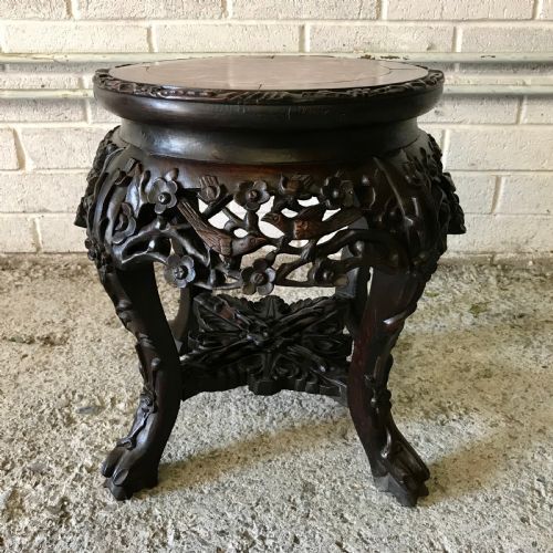 late 19th century chinese carved hardwood plant stand with marble inset to top - CATEGORY: ANTIQUE TABLES - DATED 19TH CENTURY