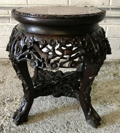 LATE 19TH CENTURY CHINESE CARVED HARDWOOD PLANT STAND WITH MARBLE INSET TO TOP - ADDITIONAL PHOTO 1