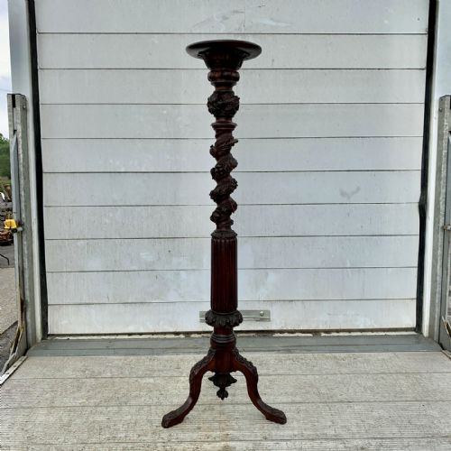 victorian mahogany torchere raised on tripod legs and carved with foliate and game bird design - CATEGORY: ANTIQUE FURNITURE - DATED VICTORIAN