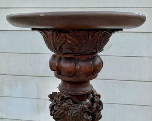 VICTORIAN MAHOGANY TORCHERE RAISED ON TRIPOD LEGS AND CARVED WITH FOLIATE AND GAME BIRD DESIGN - ADDITIONAL PHOTO 4