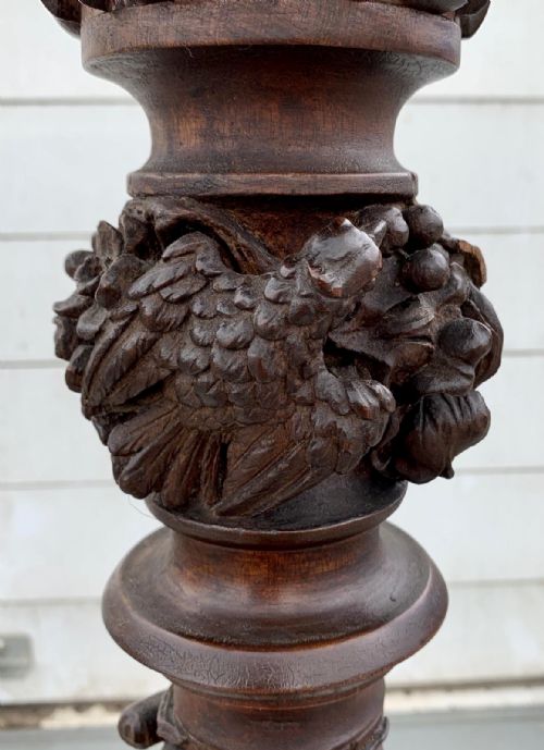 VICTORIAN MAHOGANY TORCHERE RAISED ON TRIPOD LEGS AND CARVED WITH FOLIATE AND GAME BIRD DESIGN - ADDITIONAL PHOTO 6