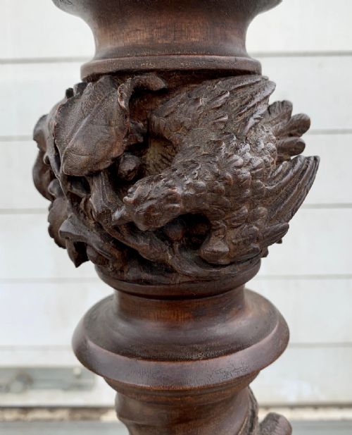VICTORIAN MAHOGANY TORCHERE RAISED ON TRIPOD LEGS AND CARVED WITH FOLIATE AND GAME BIRD DESIGN - ADDITIONAL PHOTO 7