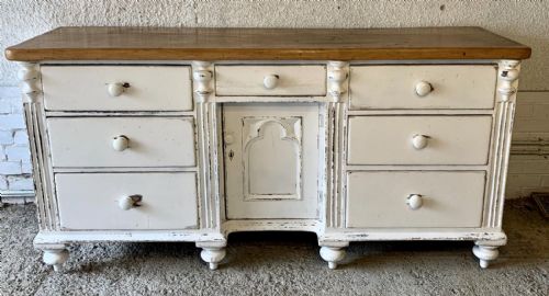VICTORIAN PAINTED PINE LANCASHIRE DRESSER BASE STANDING ON TURNED FEET - ADDITIONAL PHOTO 1