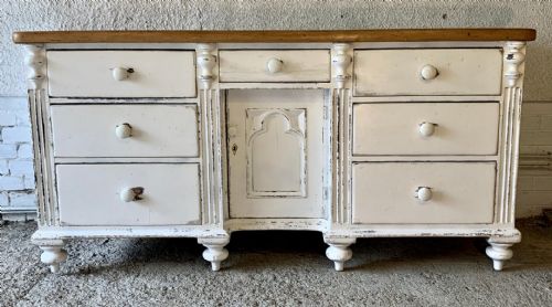 VICTORIAN PAINTED PINE LANCASHIRE DRESSER BASE STANDING ON TURNED FEET - ADDITIONAL PHOTO 2