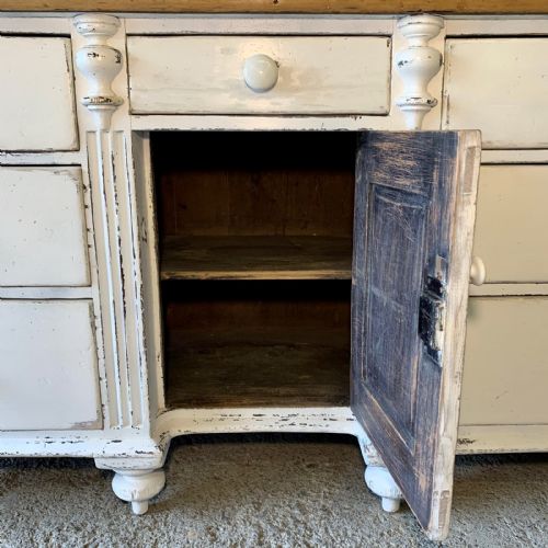 VICTORIAN PAINTED PINE LANCASHIRE DRESSER BASE STANDING ON TURNED FEET - ADDITIONAL PHOTO 5