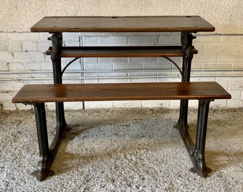 CIRCA 1900 DOUBLE SEAT SCHOOL DESK WITH ELM TOP AND SEAT ON CAST IRON BASE - ADDITIONAL PHOTO 1