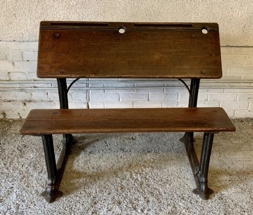CIRCA 1900 DOUBLE SEAT SCHOOL DESK WITH ELM TOP AND SEAT ON CAST IRON BASE - ADDITIONAL PHOTO 3