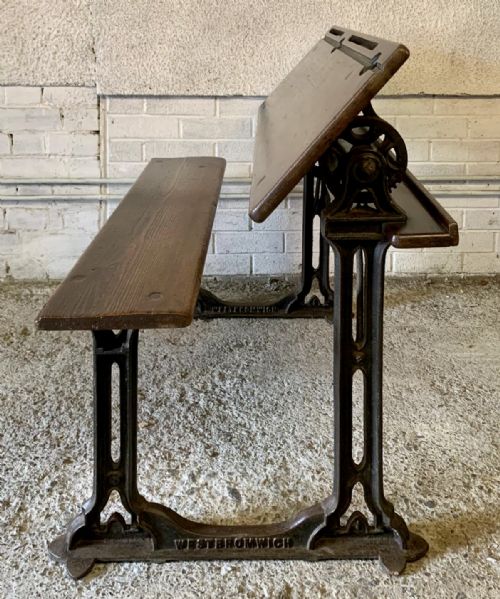 CIRCA 1900 DOUBLE SEAT SCHOOL DESK WITH ELM TOP AND SEAT ON CAST IRON BASE - ADDITIONAL PHOTO 9