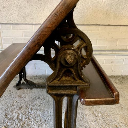 CIRCA 1900 DOUBLE SEAT SCHOOL DESK WITH ELM TOP AND SEAT ON CAST IRON BASE - ADDITIONAL PHOTO 11