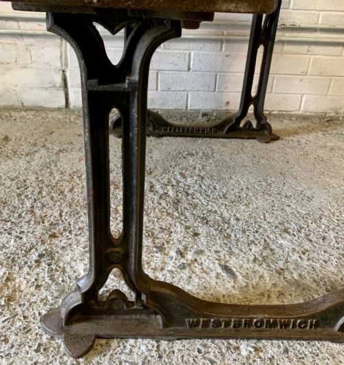 CIRCA 1900 DOUBLE SEAT SCHOOL DESK WITH ELM TOP AND SEAT ON CAST IRON BASE - ADDITIONAL PHOTO 12