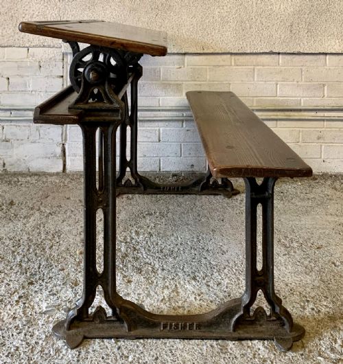 CIRCA 1900 DOUBLE SEAT SCHOOL DESK WITH ELM TOP AND SEAT ON CAST IRON BASE - ADDITIONAL PHOTO 14