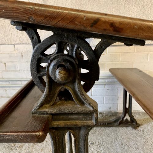 CIRCA 1900 DOUBLE SEAT SCHOOL DESK WITH ELM TOP AND SEAT ON CAST IRON BASE - ADDITIONAL PHOTO 15