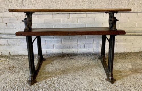 CIRCA 1900 DOUBLE SEAT SCHOOL DESK WITH ELM TOP AND SEAT ON CAST IRON BASE - ADDITIONAL PHOTO 17