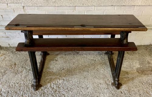CIRCA 1900 DOUBLE SEAT SCHOOL DESK WITH ELM TOP AND SEAT ON CAST IRON BASE - ADDITIONAL PHOTO 18