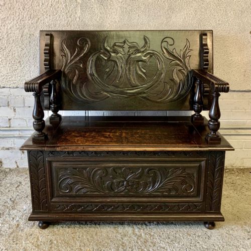 early 20th century carved oak monks bench - CATEGORY: ANTIQUE CHAIRS - DATED 1920