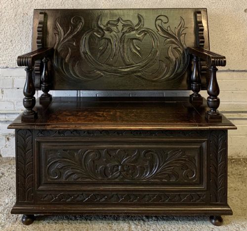 EARLY 20TH CENTURY CARVED OAK MONKS BENCH - ADDITIONAL PHOTO 1