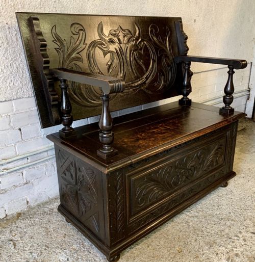 EARLY 20TH CENTURY CARVED OAK MONKS BENCH - ADDITIONAL PHOTO 2