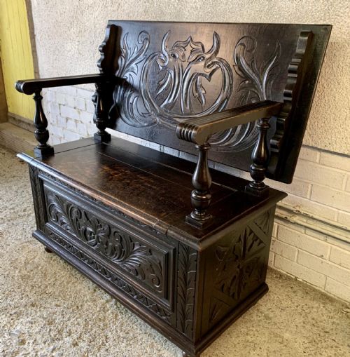 EARLY 20TH CENTURY CARVED OAK MONKS BENCH - ADDITIONAL PHOTO 3