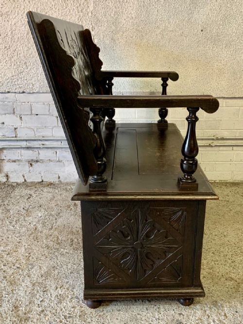 EARLY 20TH CENTURY CARVED OAK MONKS BENCH - ADDITIONAL PHOTO 12