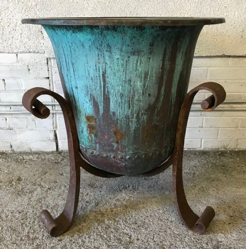 19th century riveted copper boiler cauldron on heavy iron base - CATEGORY: ANTIQUE METAL - DATED 19TH CENTURY